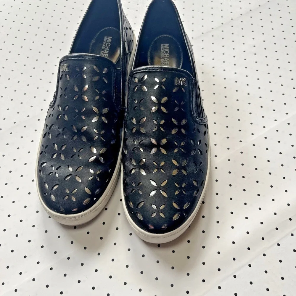 Michael Kors Slip On Sneakers Black Floral Cutout Platform Casual Shoes 8M